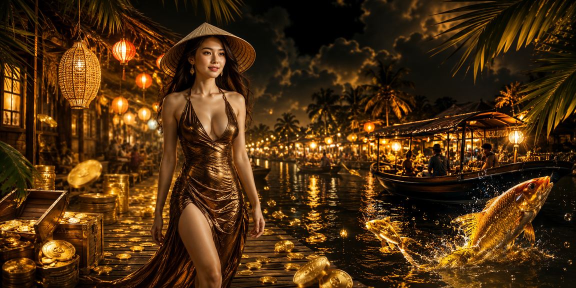 Khung cảnh sông Mekong với nón lá và người dùng tham gia giải trí cá cược trực tuyến